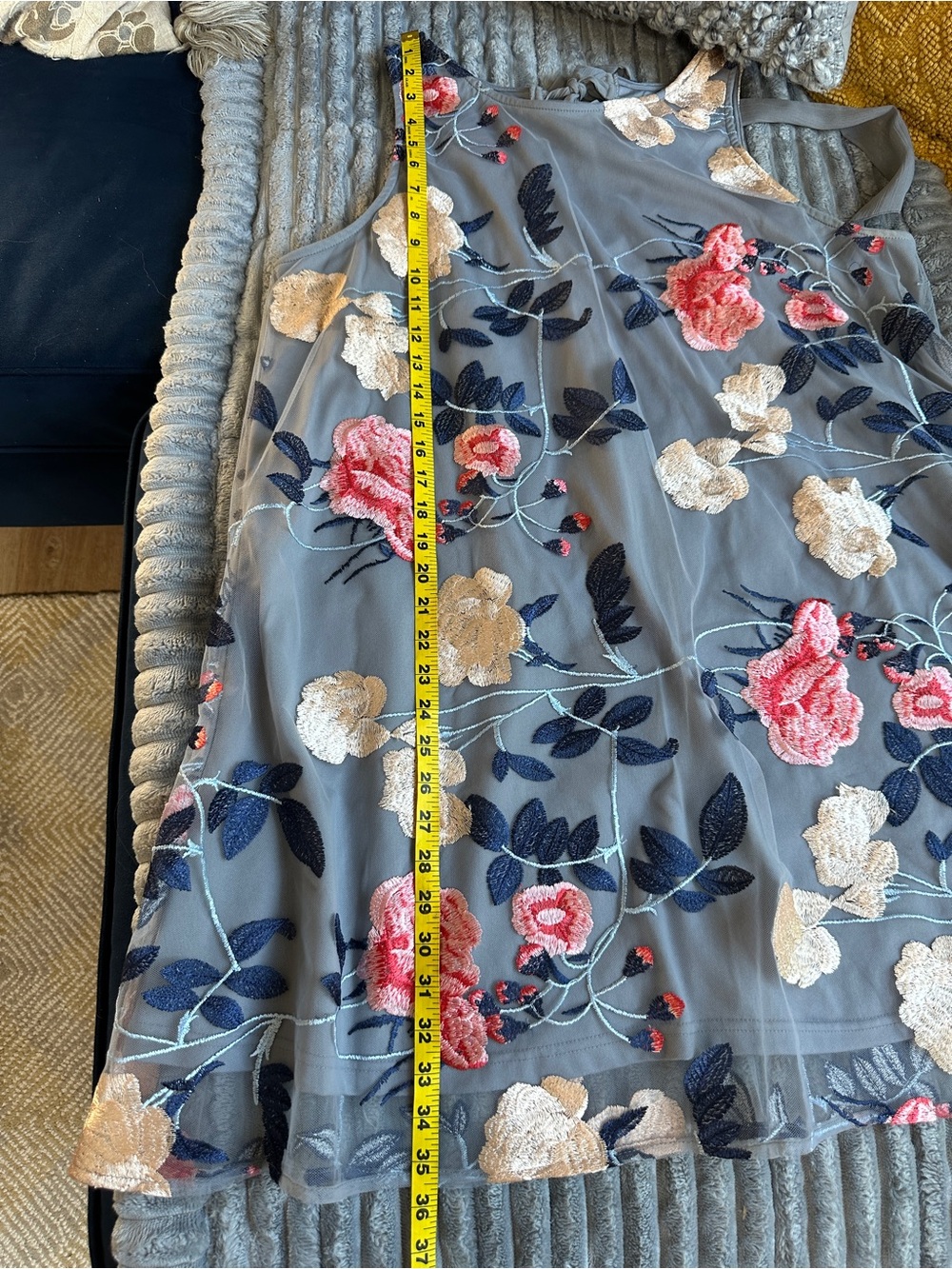 ECI Gray Sleeveless A line Midi Dress with Coral & Cream Floral Embroidery - Picture 6 of 6